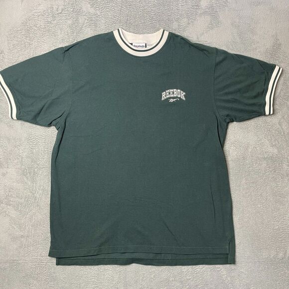 Vintage 90s Reebok Ringer Tee Green‎ & White Logo Shirt XL - Picture 11 of 12